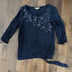 RW&Co Navy Blue Women's Top with Sequin Detail and Tie Bottom Size S
